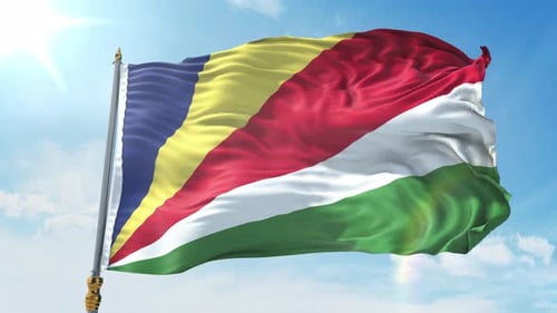 Seychelles National Flag Waving in Clear Blue Sky