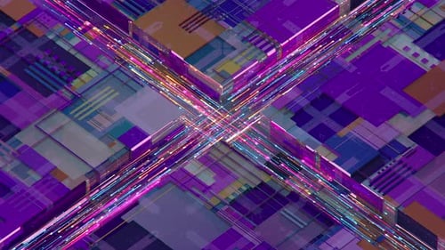 Intersecting glowing neon lines. Data transfer in cyber space. Seamless loop 3D render animation