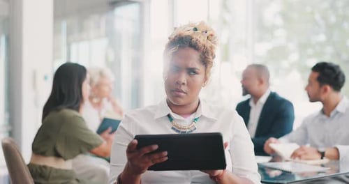 Tablet, thinking and business woman in office with problem solving solution and strategy for sales