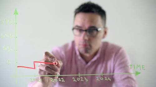 Financial Expert Makes Notes on a Glass Board