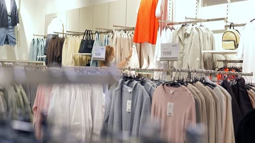 A Beautiful Customer Makes Purchases in a Clothing Store Looking Through Clothesdresses
