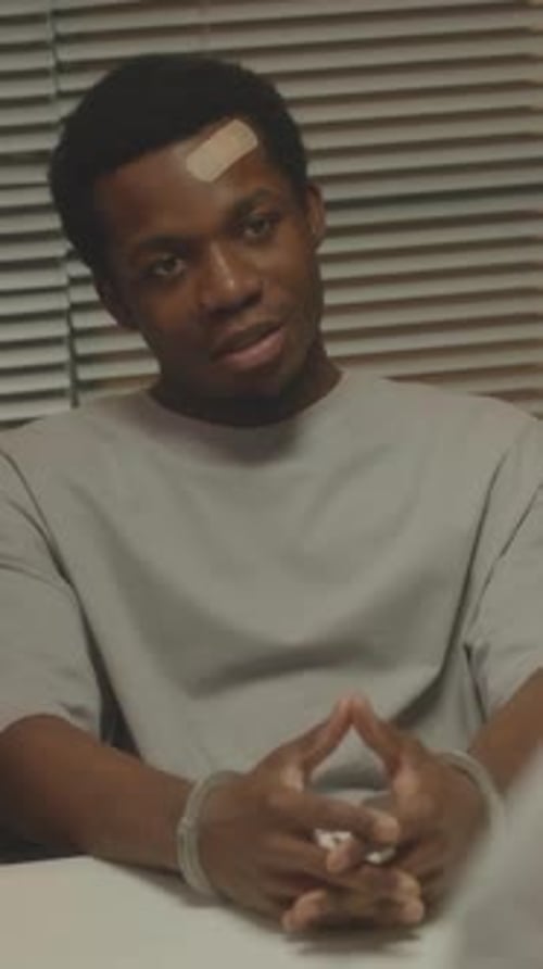 Young Adult in Handcuffs Sitting at a Desk