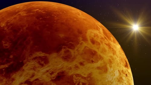 Rotating Red Planet in Starry Space with Bright Sun