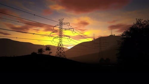 High Voltage Electricity Tower On Mountains At Sunset. 4K Time Lapse Of Sunset