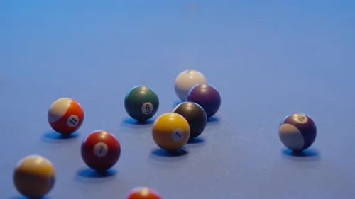 Billiard break shot. Colourful pool balls with cue on billiards table for start to play. Billiard ba
