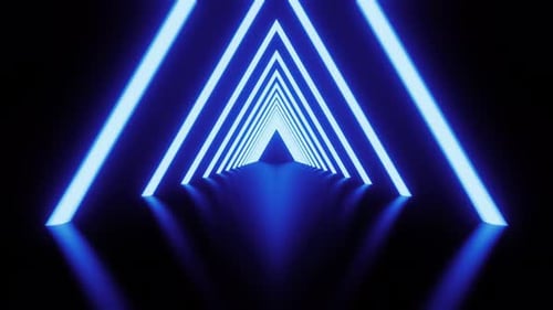Tunnel triangulaire lumineux au néon sur fond abstrait avec lignes lumineuses bleues, fond mobile, futuriste