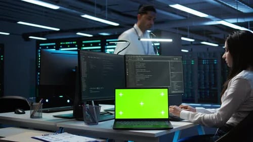 Woman Working on Laptop, Man Explains