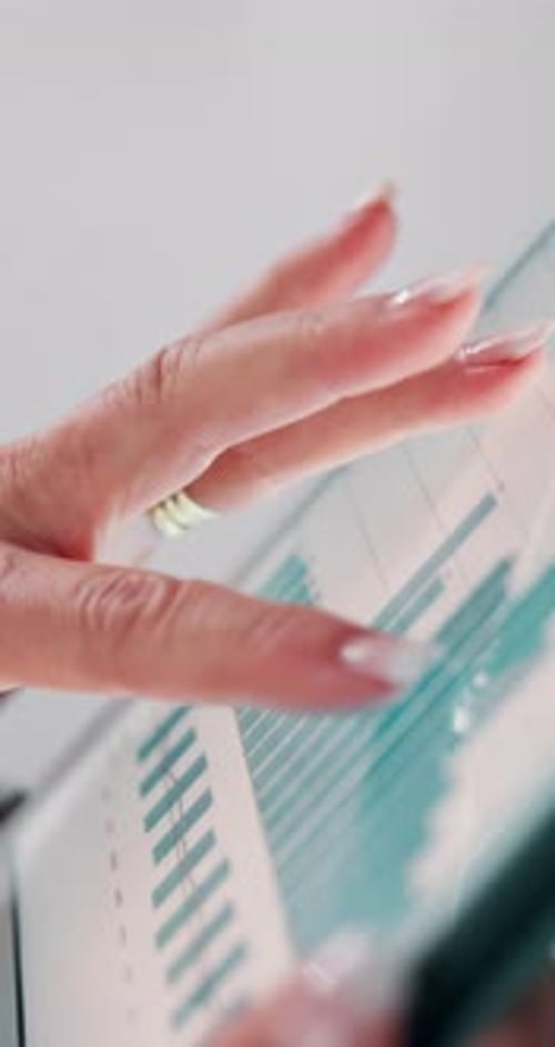 Woman, hand and scroll in office with tablet screen, data analysis or KPI for work productivity