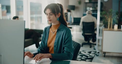 Thinking, woman and reading on computer in office for research, review article and editing draft