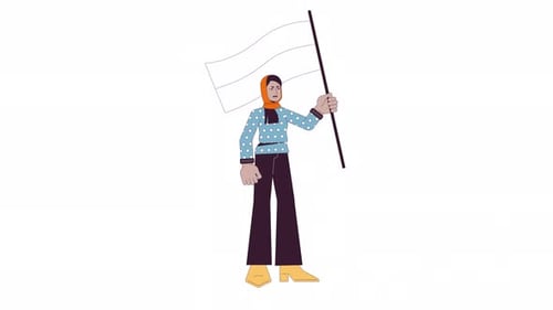 Animated Flat Design Character Holding a Waving Flag