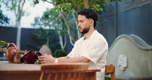 Phone, watch and frustrated with man in restaurant for online dating crisis