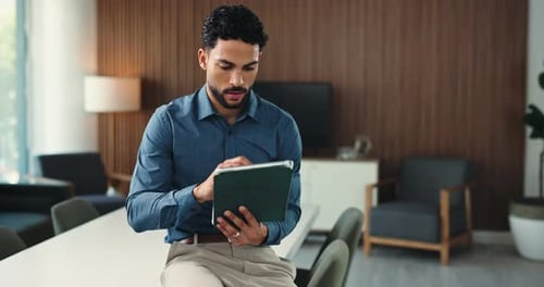 Journalist, typing or man in office with tablet, draft review or research for article update
