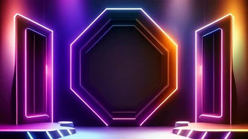 fondo geométrico con aspecto de neón brillante y colorido y podio para la presentación del producto
