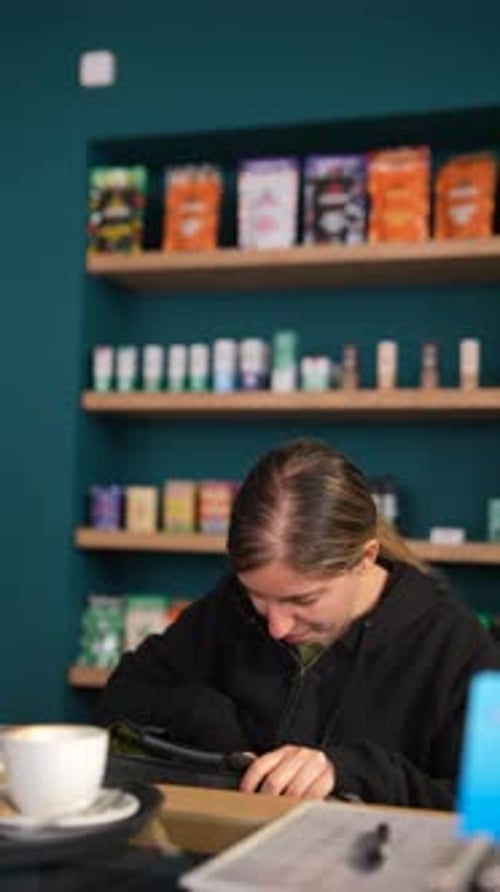 A Woman in a Modern Cafe Enjoying Coffee and Colorful Interior Relaxed and Smiling