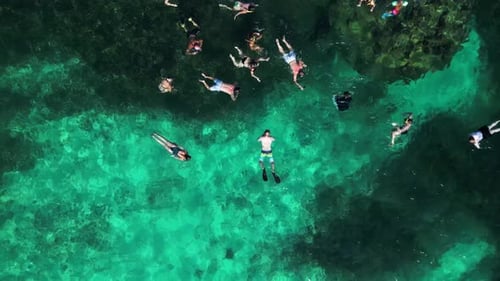 Aerial view of people snorkelling in shark bay on Ko Tao island, Thailand.