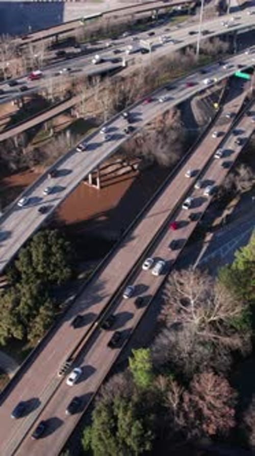 Vertical Aerial View of Highway Junction and Interchange, Busy Daily Traffic by Downtown Houston TX