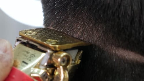 Hair Clipper Trimming Short Dark Hair Close Up