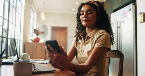 Laptop, happy or student with phone in home for study break, funny text message