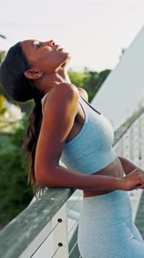 Thinking, woman and tired on bridge, fitness and athlete with health goal
