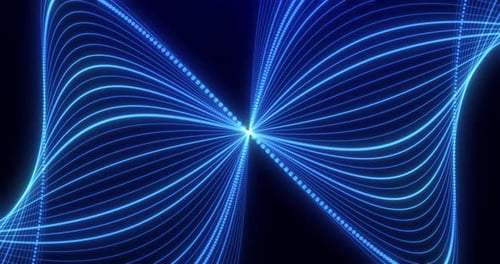 Abstract blue waves of particles from lines and dots of particles of a glowing swirling futuristic