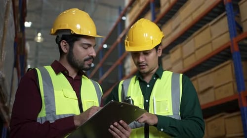 Blue collar workers are working at warehouse.