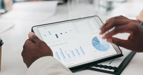 Business hands, screen and tablet for data analytics, graphs and chart or marketing profit