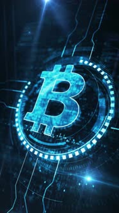 Bitcoin, blockchain, símbolo de moeda criptográfica, conceito digital, loop vertical