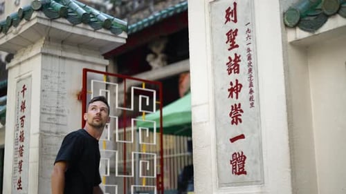 Man Tourist Enters of a Gate of Traditional Chinese Temple