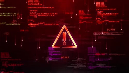 Futuristic Digital Warning Sign with Glitching Code Data