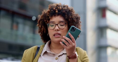 Phone call, business and woman in city, speaker and audio with conversation, town and discussion