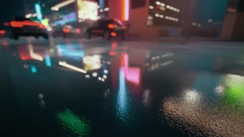 Futuristic Neon City Street Reflections at Night