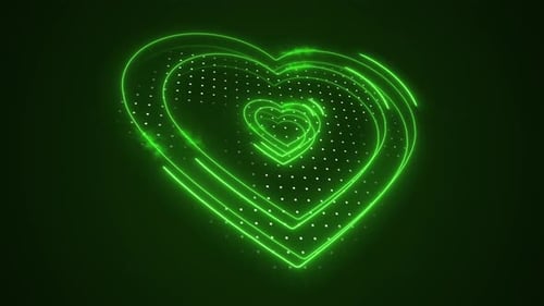 3D Abstract Green Moving Glowing Heart Outline Shape. Hearts Inside Heart