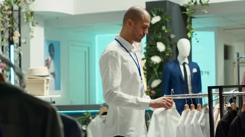 Middle Eastern Store Employee Arranging Clothes in a Modern Retail Space