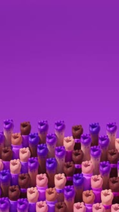 Diverse Raised Fists Pumping on Purple Background Loop