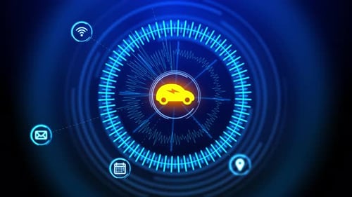 Futuristic Car HUD Screen Electric Car Charging on Charge Station Electro Mobility Environment