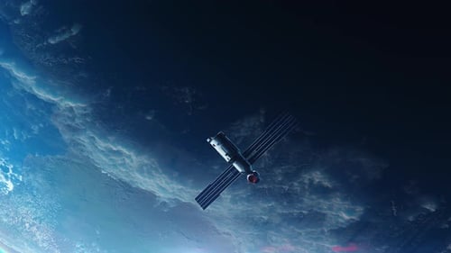 Raumschiff, das den Planeten Erde im Weltraum umkreist. Videokonzept Technologie und Weltraum