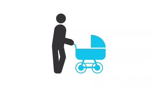 Animated Flat Design Icon of Parent Pushing Baby Carriage