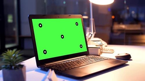 Business, Deadline and Interior Concept - Laptop Computer with Chroma Key Green
