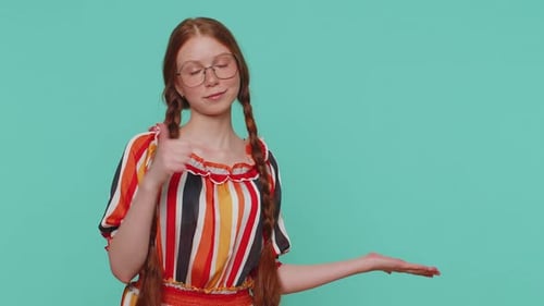 Girl Pointing Empty Place Advertising Area for Commercial Text Copy Space for Goods Promotion