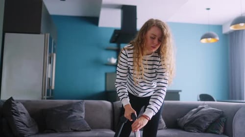 Caucasian Woman Has a Heart Attack Vacuuming Floor in Her Apartment Adult Female Vacuumcleaning the