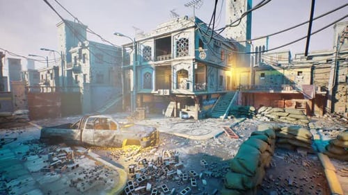 War-Torn City Street with Abandoned Vehicle and Destroyed Buildings