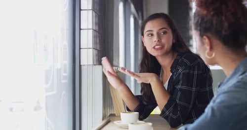 Happy, coffee shop or friends speaking for support, fun conversation or gossip news together