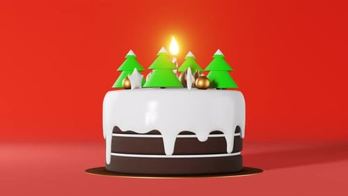 Vela de pastel de Navidad con animación 3D, fondo rojo, fiesta de Navidad, anuncio, tarjeta de felicitación de