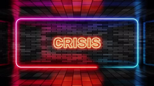 Neon sign crisis in speech bubble frame on brick wall background 3d render. Light banner on wall