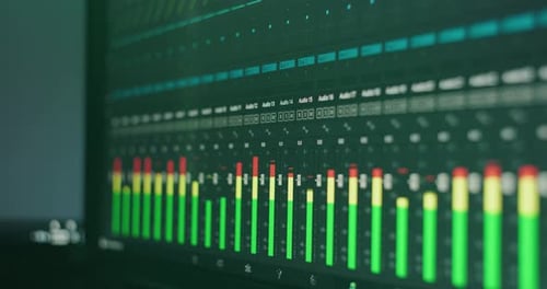 Digital Audio Levels Sound Mixing Faders in a Recording Studio. Music Mastering Equalizer Broadcast