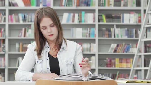 Focused Female Student Diligently Writing Notes in Her Textbook at a Vibrant Campus Library