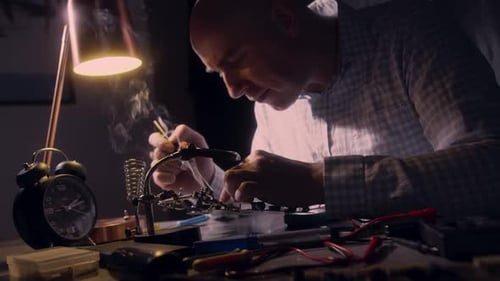 Man Soldering Electronics at Night at Desk