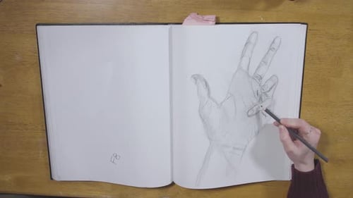 Mujer dibujando un gesto con la mano en el bloc de bocetos