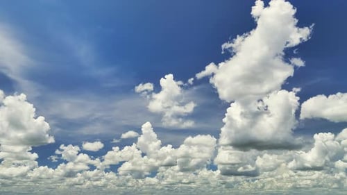 Weiße geschwollene Cumulus-Wolken am blauen Sommerhimmel
