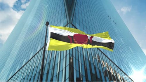 Waving Brunei Flag in Front of Modern Corporate Building